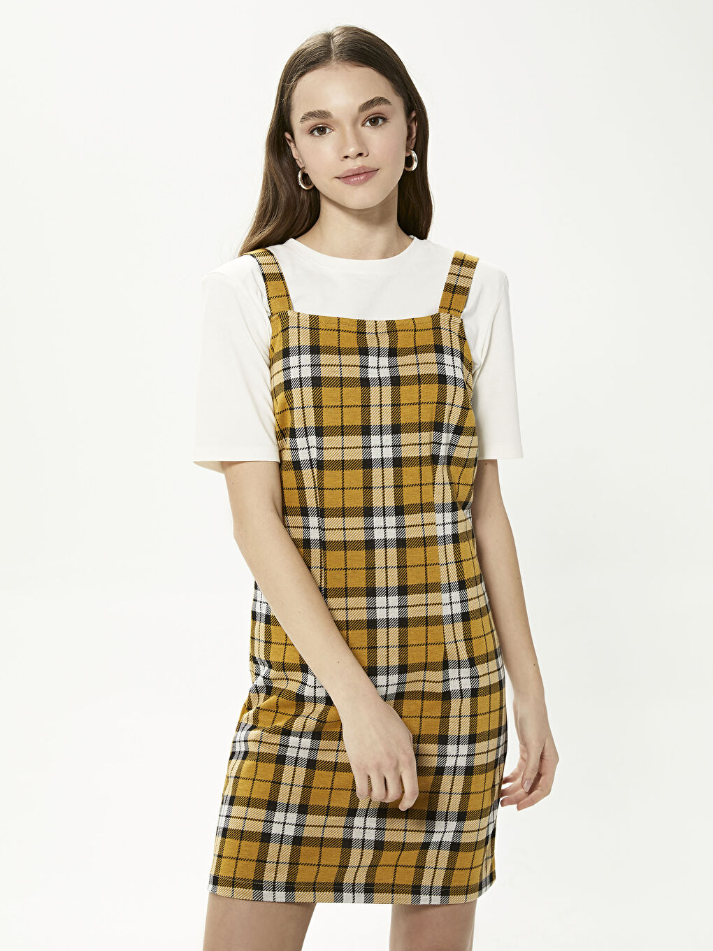 Siyah Askılı Ekose Kadın Salopet Elbise-3