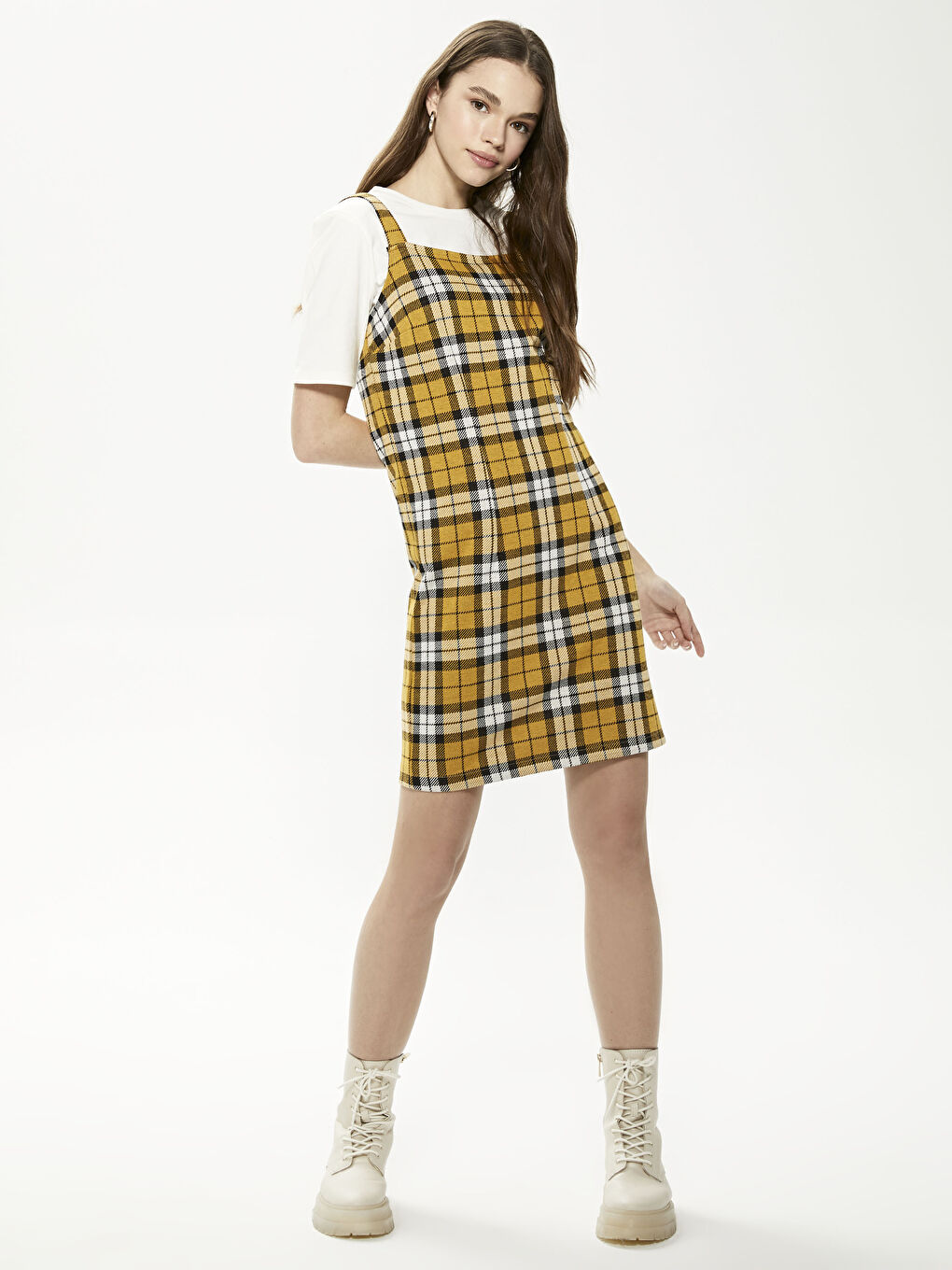 Siyah Askılı Ekose Kadın Salopet Elbise-1