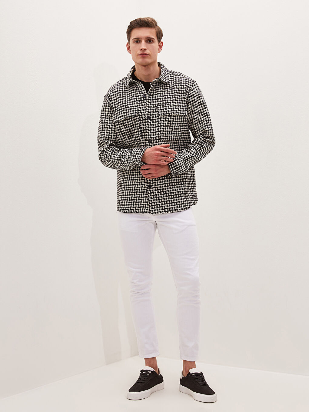 Slim Fit Long Sleeve Goose Foot Pattern Thick Poplin Men's Shirt-2