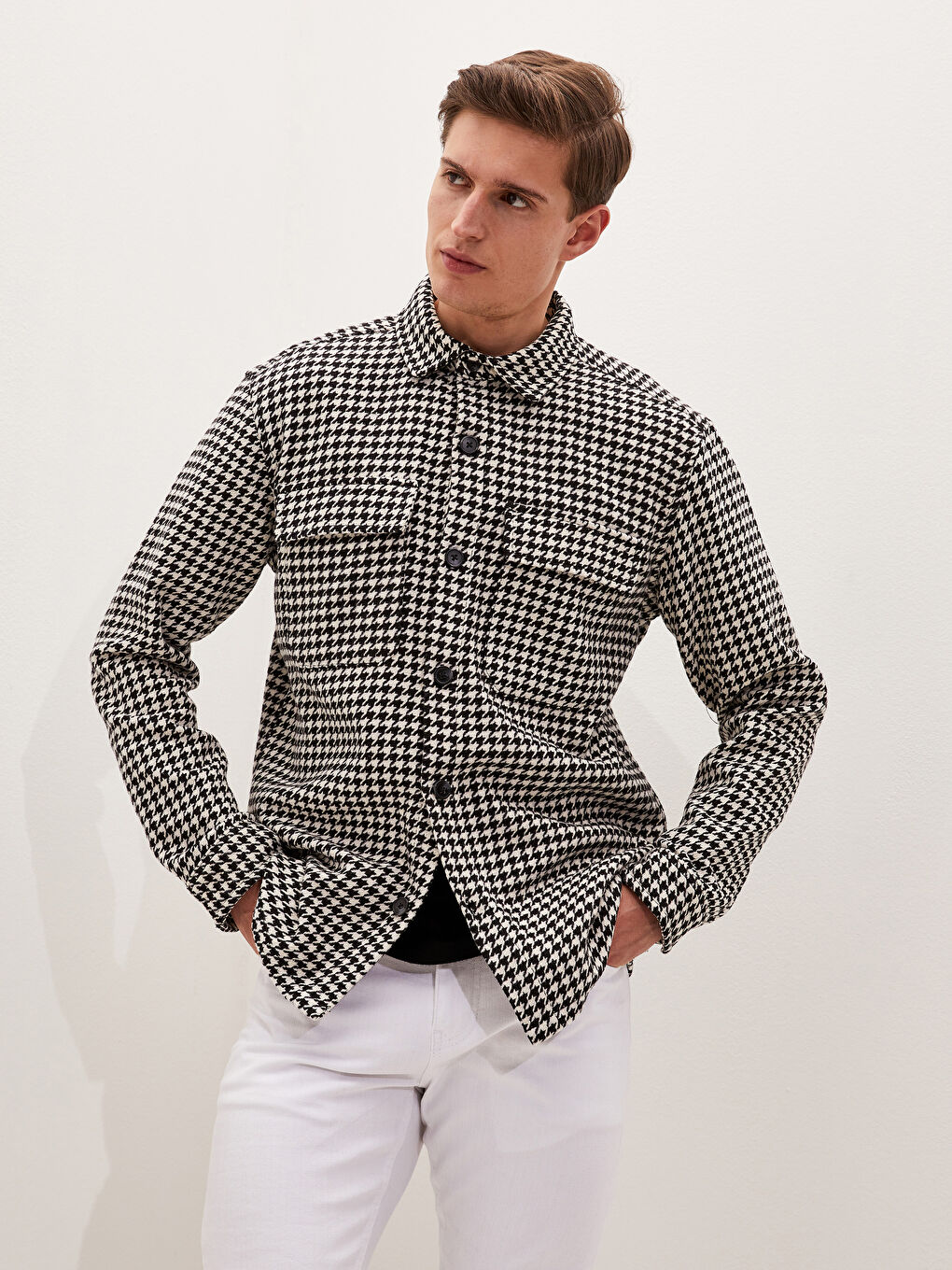 Slim Fit Long Sleeve Goose Foot Pattern Thick Poplin Men's Shirt-4