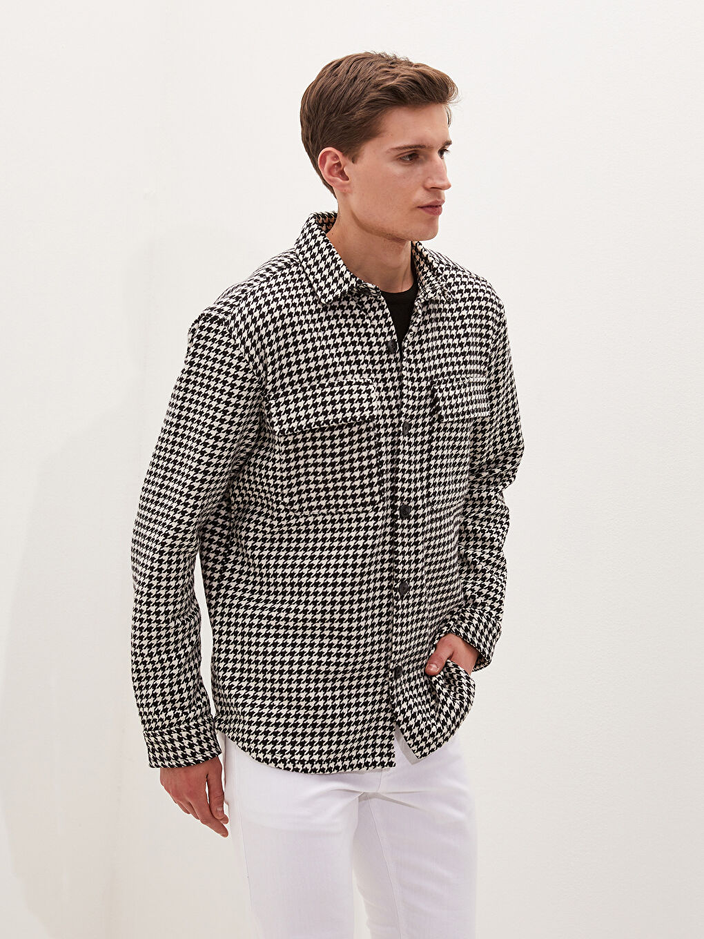 Slim Fit Long Sleeve Goose Foot Pattern Thick Poplin Men's Shirt