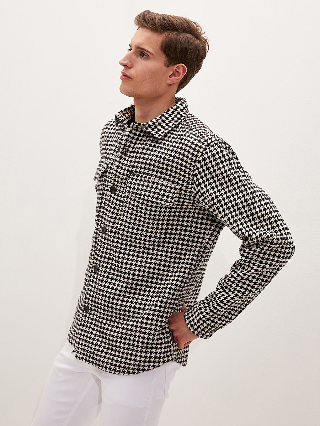 Slim Fit Long Sleeve Goose Foot Pattern Thick Poplin Men's Shirt-1