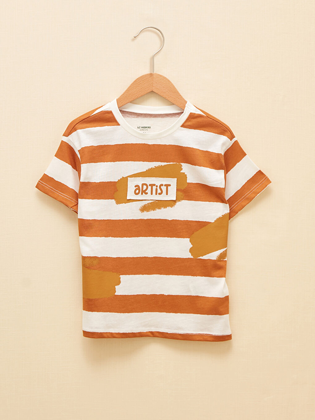 Bej Bisiklet Yaka Kısa Kollu Çizgili Pamuklu Erkek Bebek Tişört
