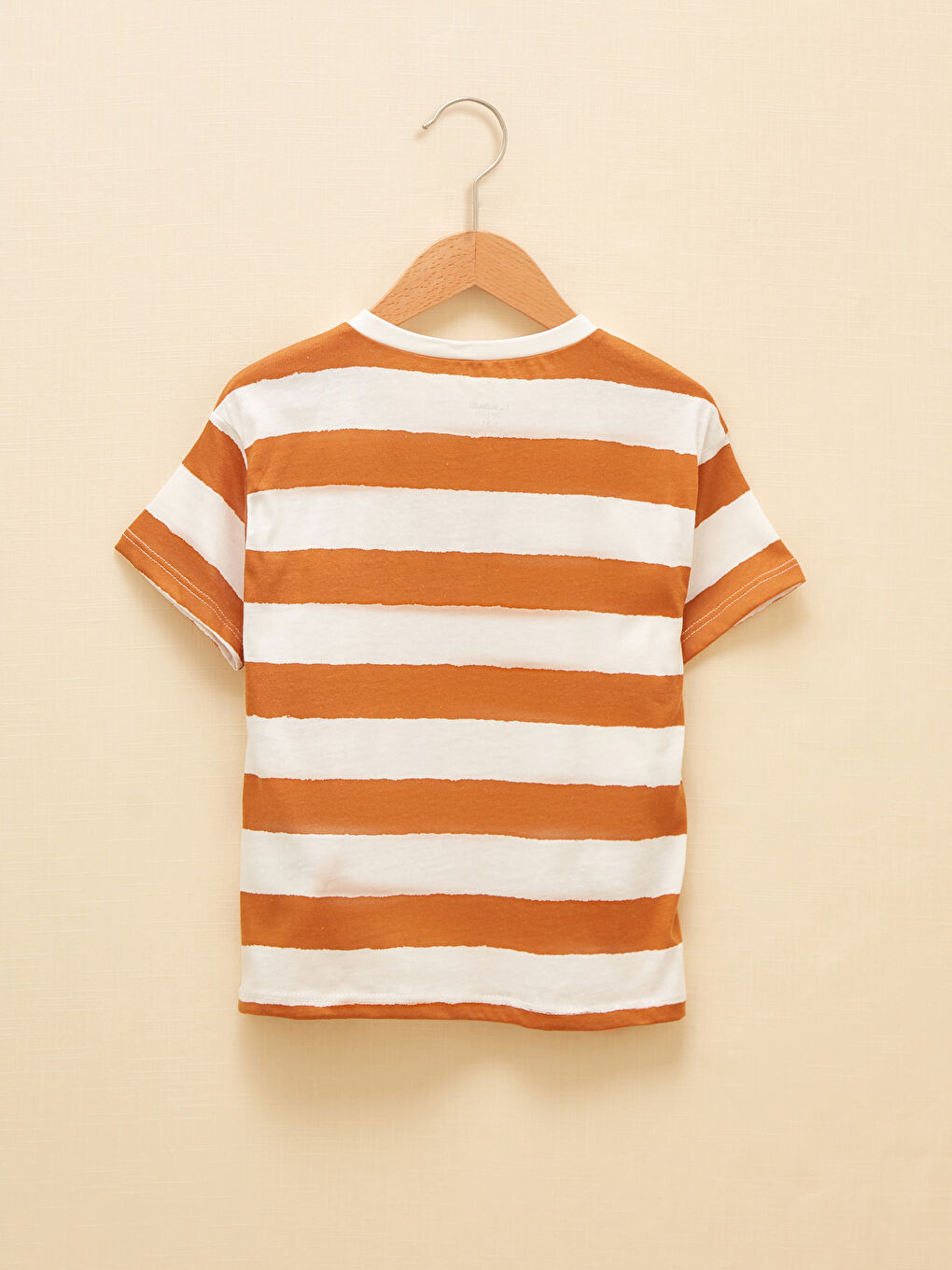 Bej Bisiklet Yaka Kısa Kollu Çizgili Pamuklu Erkek Bebek Tişört-1