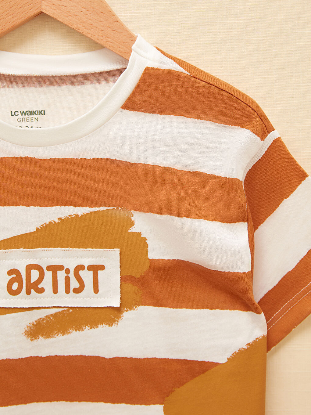 Bej Bisiklet Yaka Kısa Kollu Çizgili Pamuklu Erkek Bebek Tişört-2