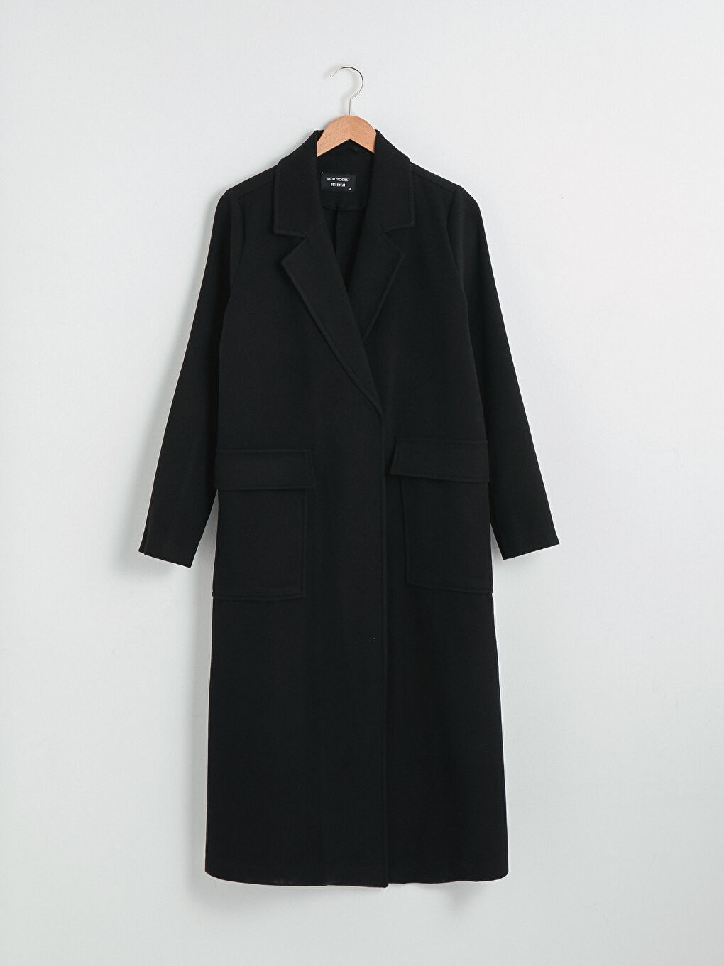 Siyah Ceket Yaka Düz Uzun Kollu Kalın Kadın Kaşe Kaban-5