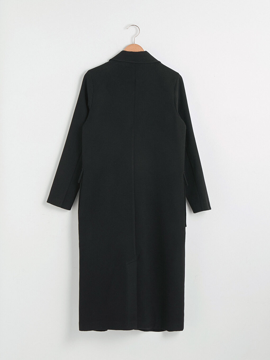 Siyah Ceket Yaka Düz Uzun Kollu Kalın Kadın Kaşe Kaban-6