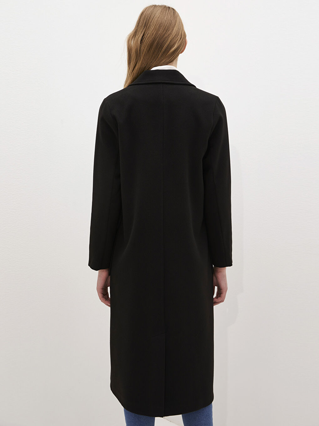 Siyah Ceket Yaka Düz Uzun Kollu Kalın Kadın Kaşe Kaban-4