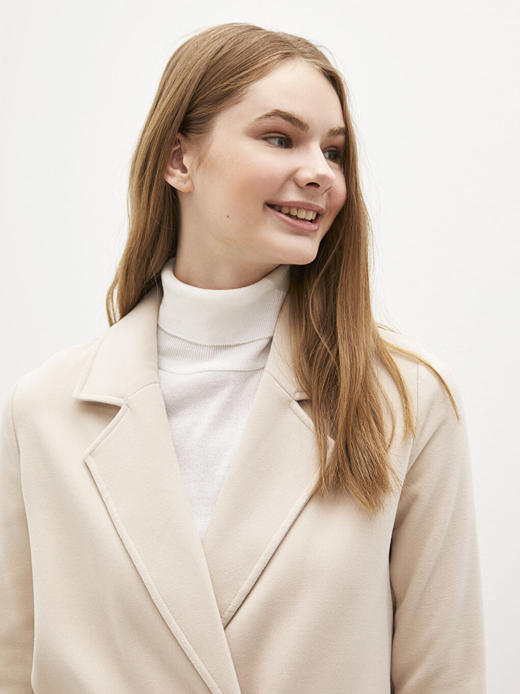 Ceket Yaka Düz Uzun Kollu Kalın Kadın Kaşe Kaban-3