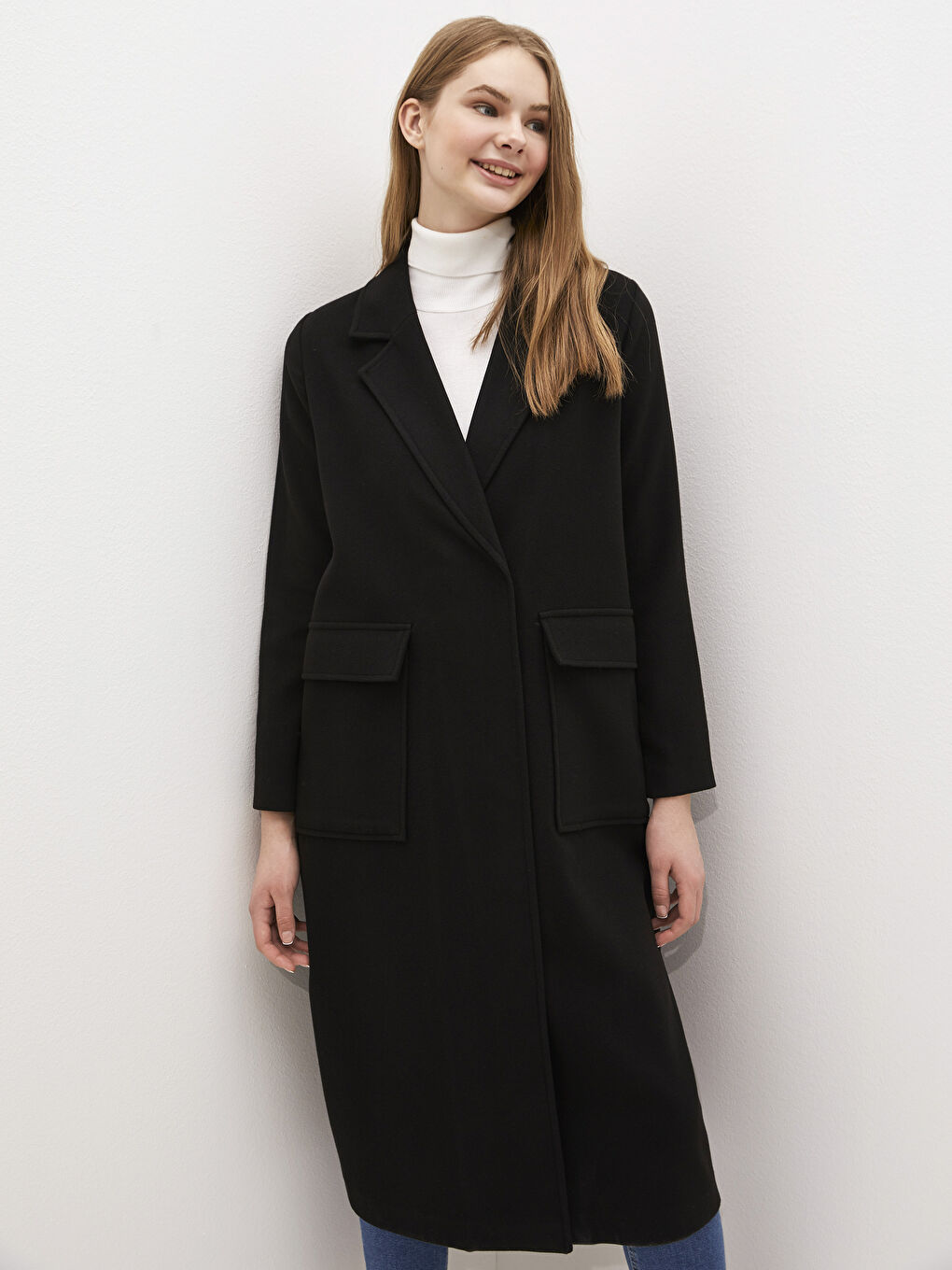 Siyah Ceket Yaka Düz Uzun Kollu Kalın Kadın Kaşe Kaban-2