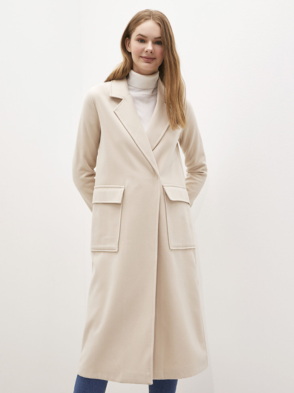 Ceket Yaka Düz Uzun Kollu Kalın Kadın Kaşe Kaban-1