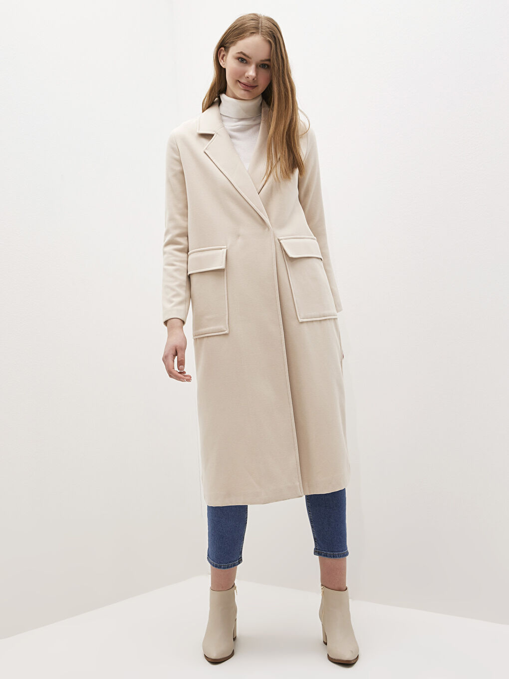 Ceket Yaka Düz Uzun Kollu Kalın Kadın Kaşe Kaban-2