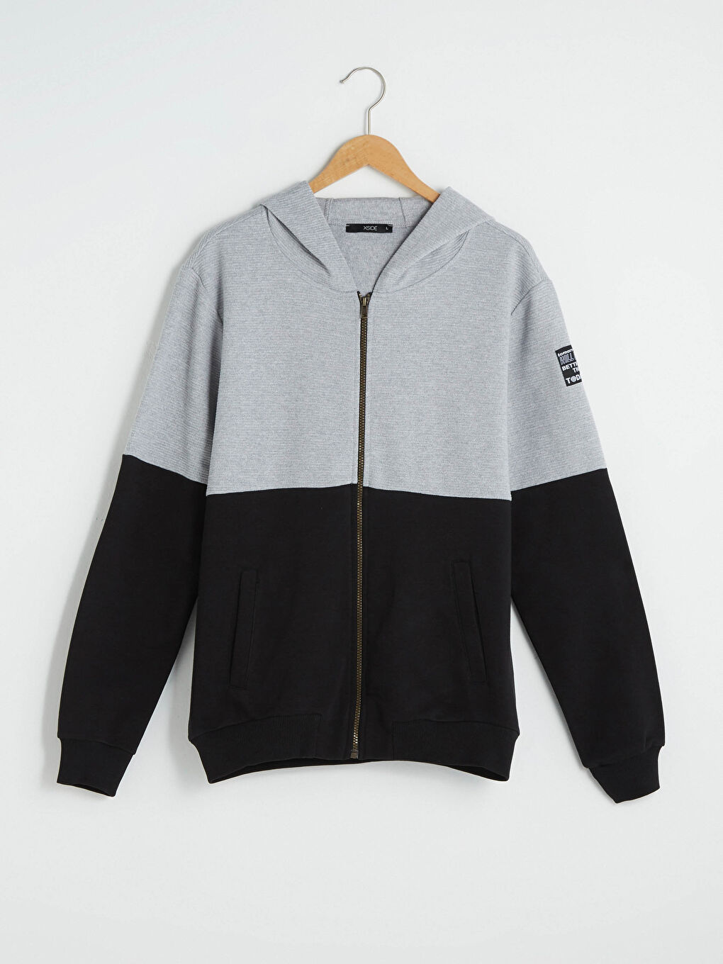 Gri Kapüşonlu Uzun Kollu Erkek Fermuarlı Sweatshirt-4