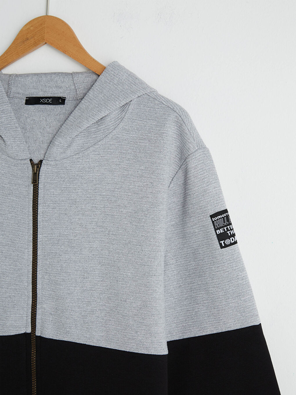 Gri Kapüşonlu Uzun Kollu Erkek Fermuarlı Sweatshirt-5