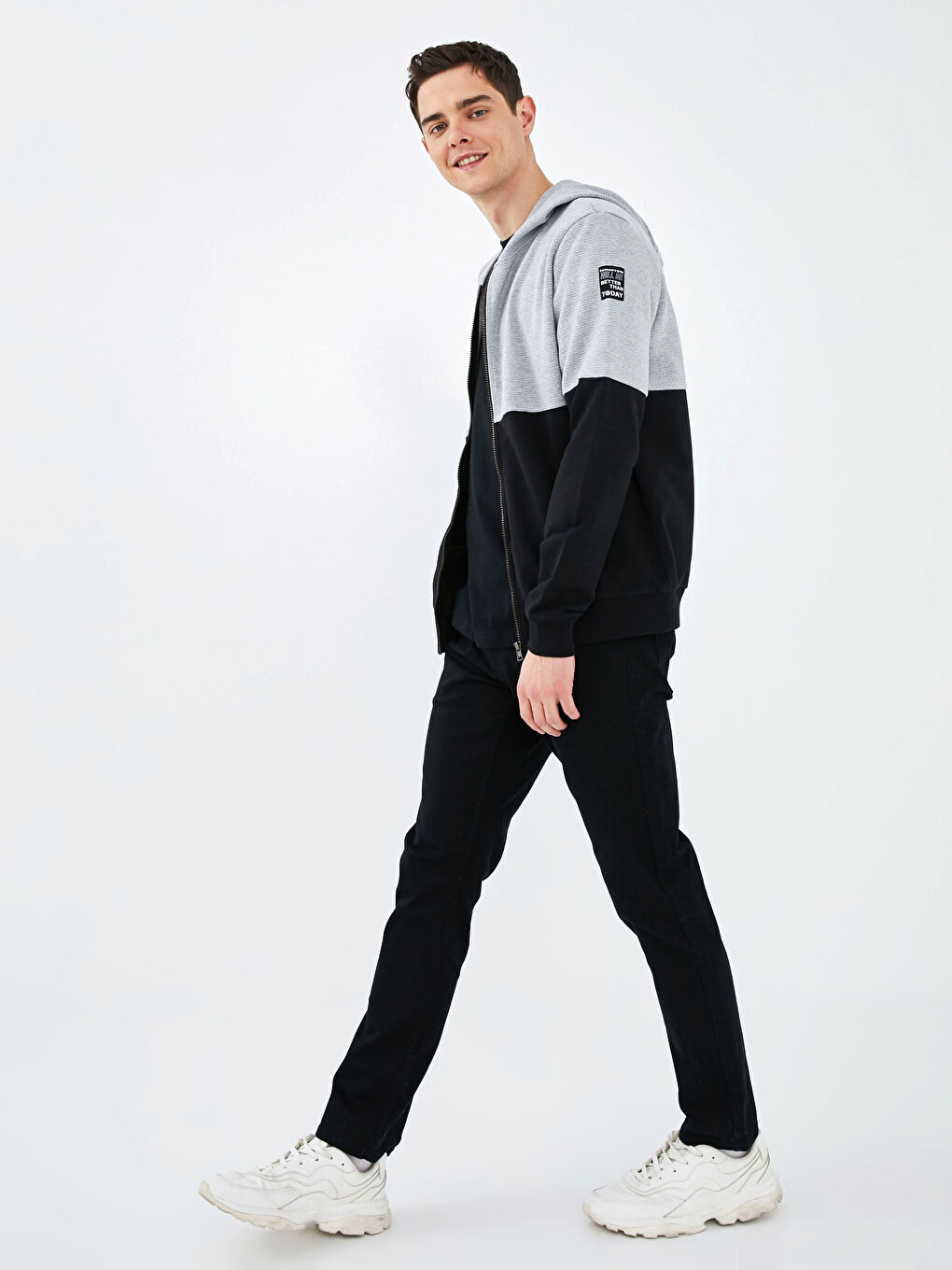 Gri Kapüşonlu Uzun Kollu Erkek Fermuarlı Sweatshirt-2