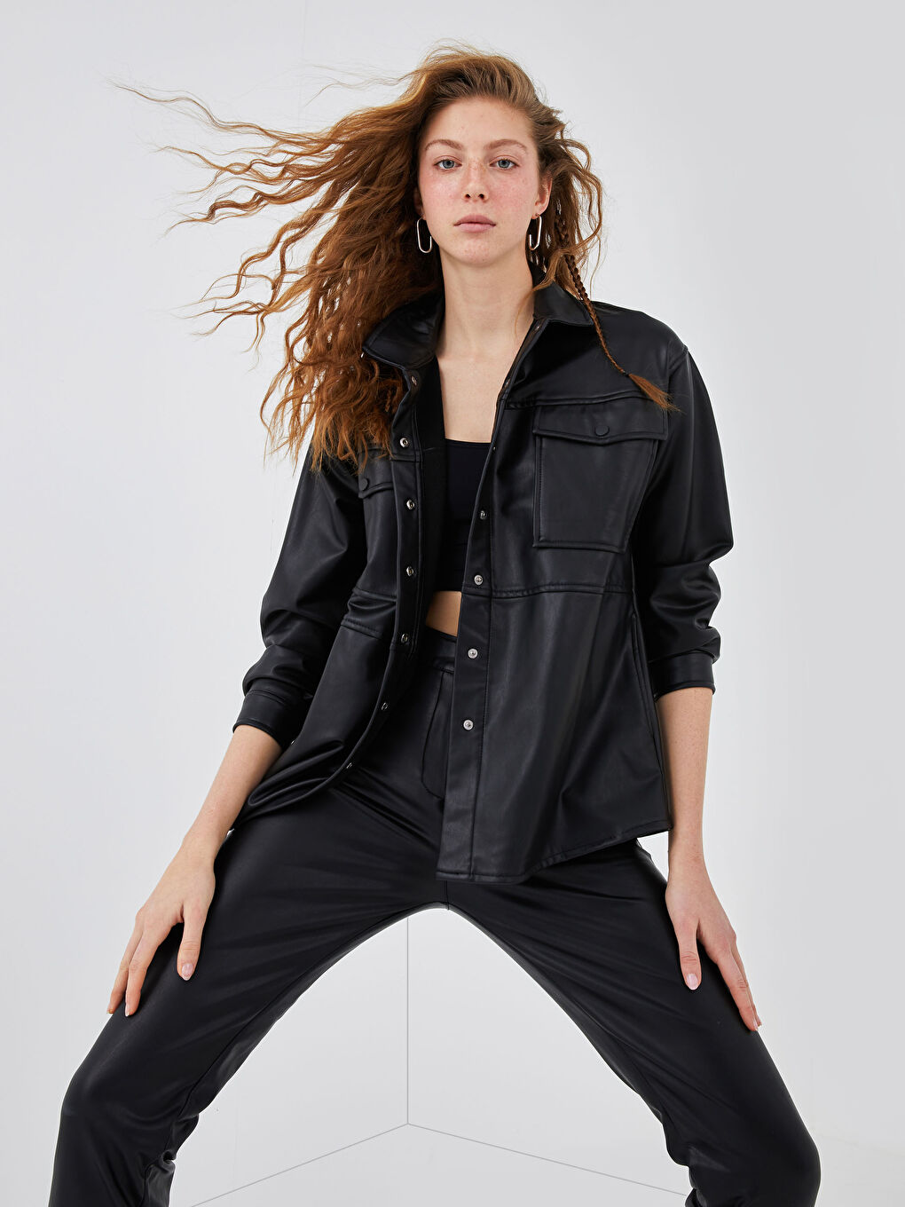 XSIDE Leather Look Pocket Detailed Women's Shirt -S1BQ20Z8-CVL