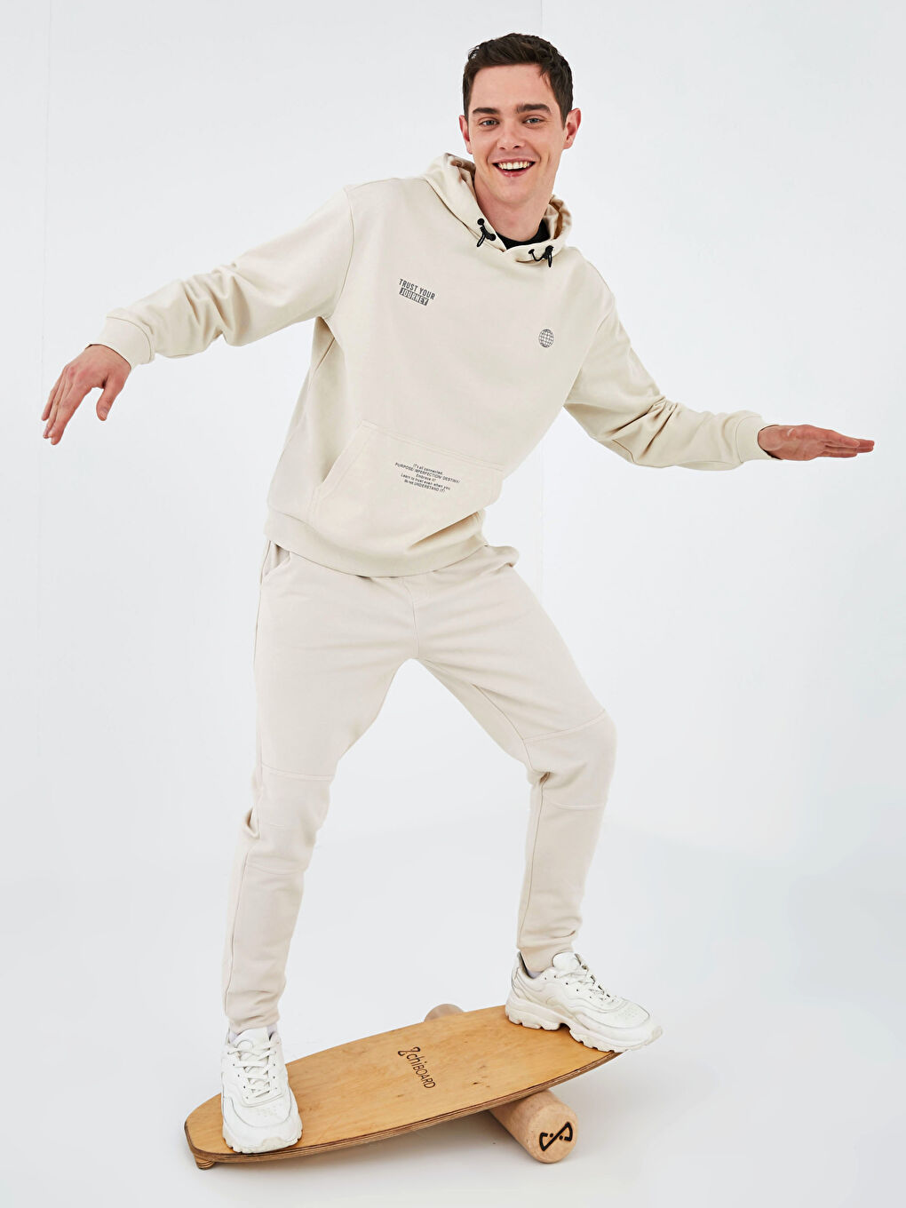 Bej Oversize Baskılı Erkek Hoodie-4