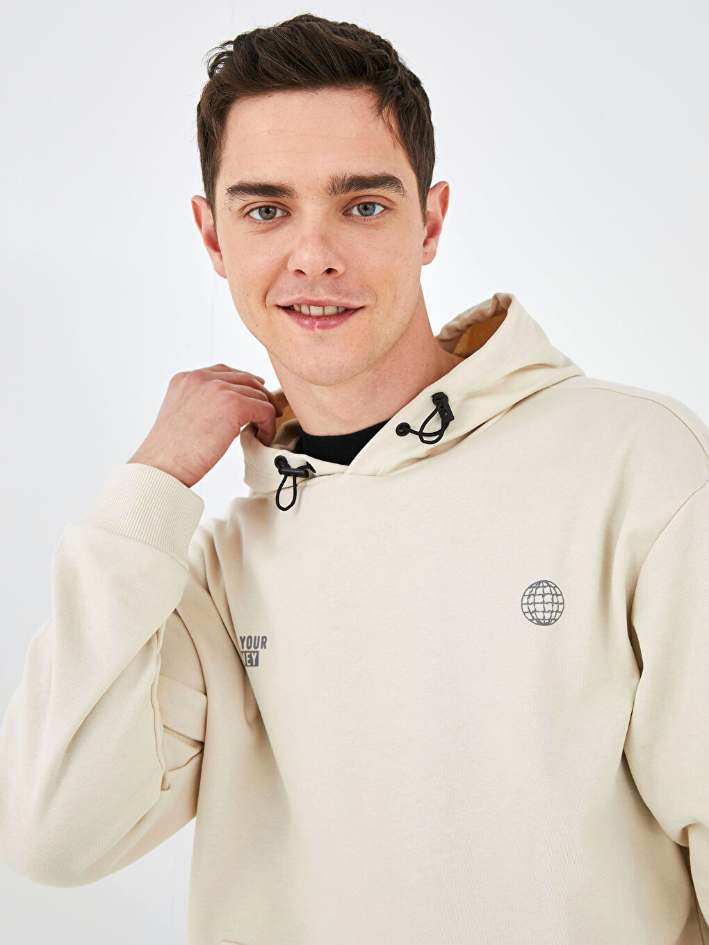 Bej Oversize Baskılı Erkek Hoodie-5