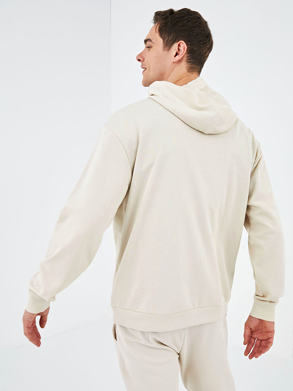 Bej Oversize Baskılı Erkek Hoodie-6