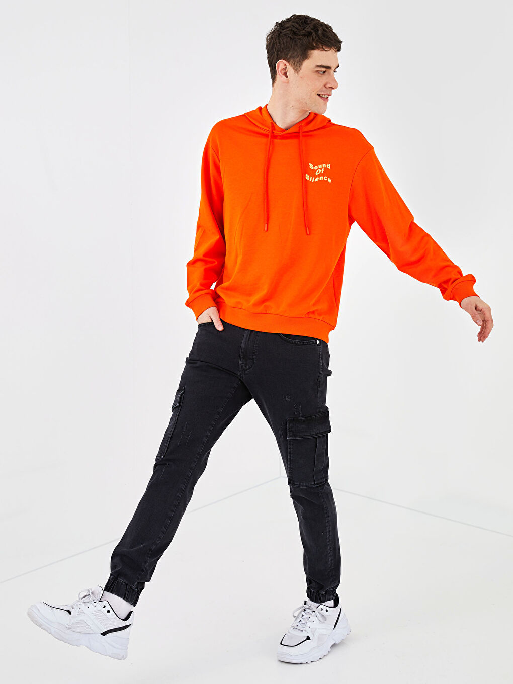 Turuncu Uzun Kollu Baskılı Erkek Hoodie-3