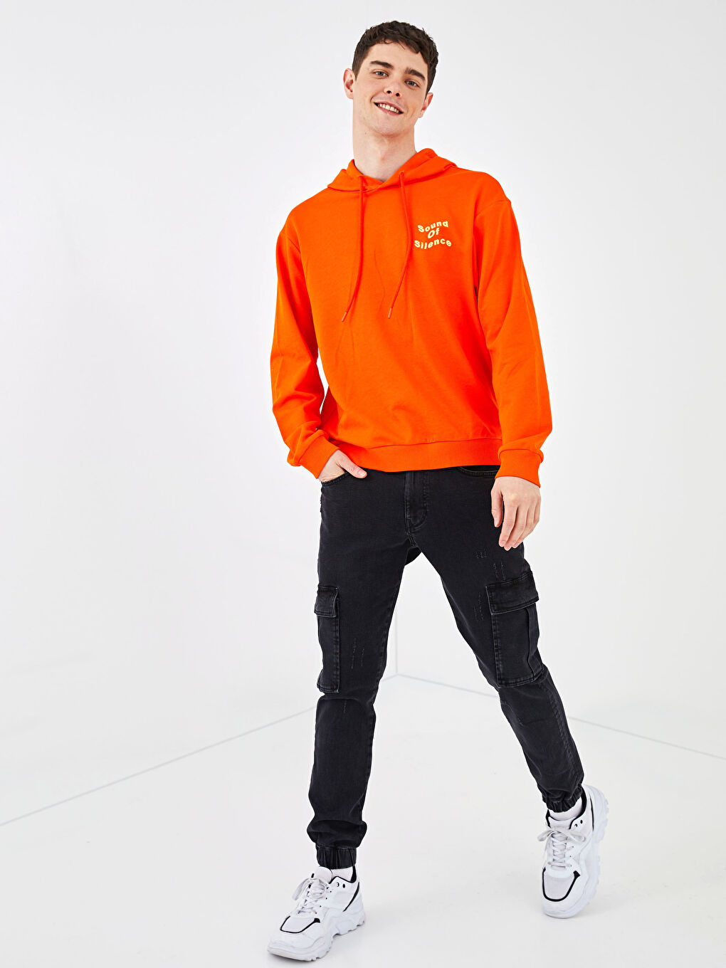 Turuncu Uzun Kollu Baskılı Erkek Hoodie-4