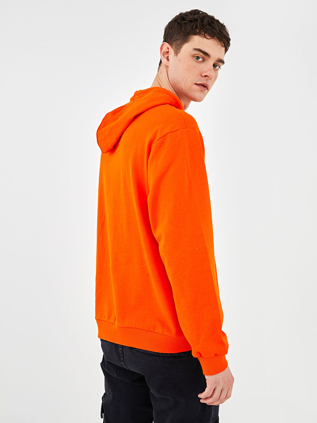 Turuncu Uzun Kollu Baskılı Erkek Hoodie-5
