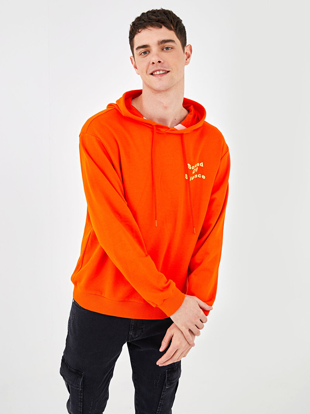 Turuncu Uzun Kollu Baskılı Erkek Hoodie-6