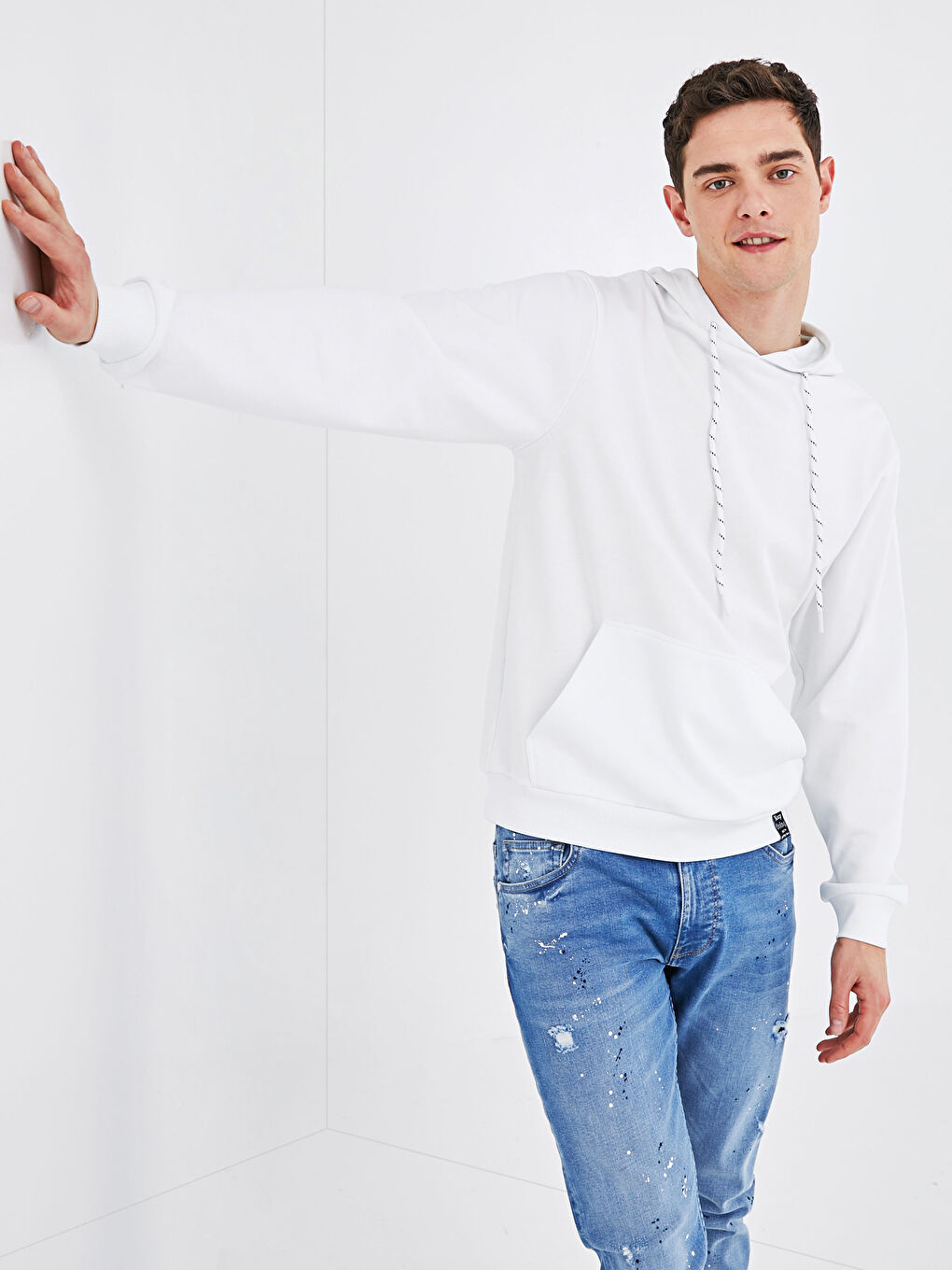 Beyaz Uzun Kollu Erkek Hoodie-5