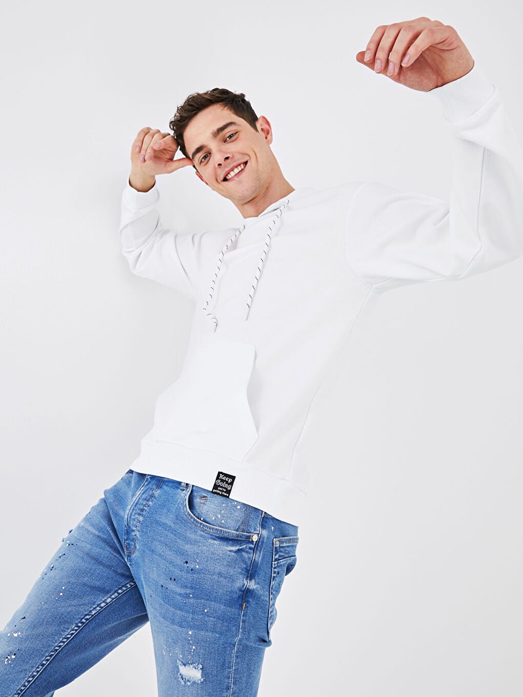 Beyaz Uzun Kollu Erkek Hoodie