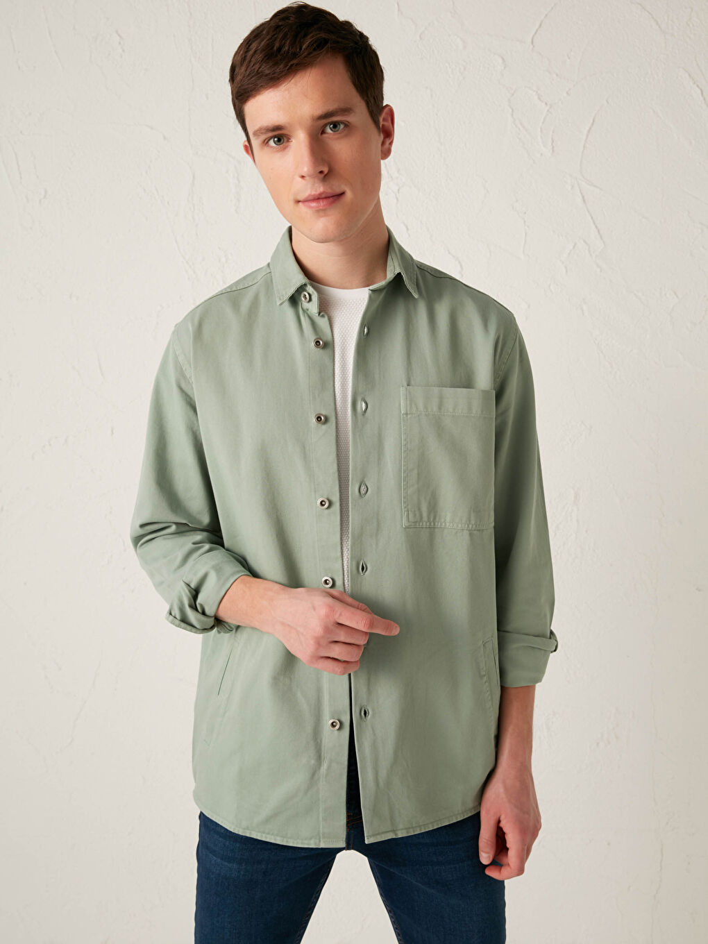 Regular Fit Long Sleeve Gabardine Men's Shirt Jacket
