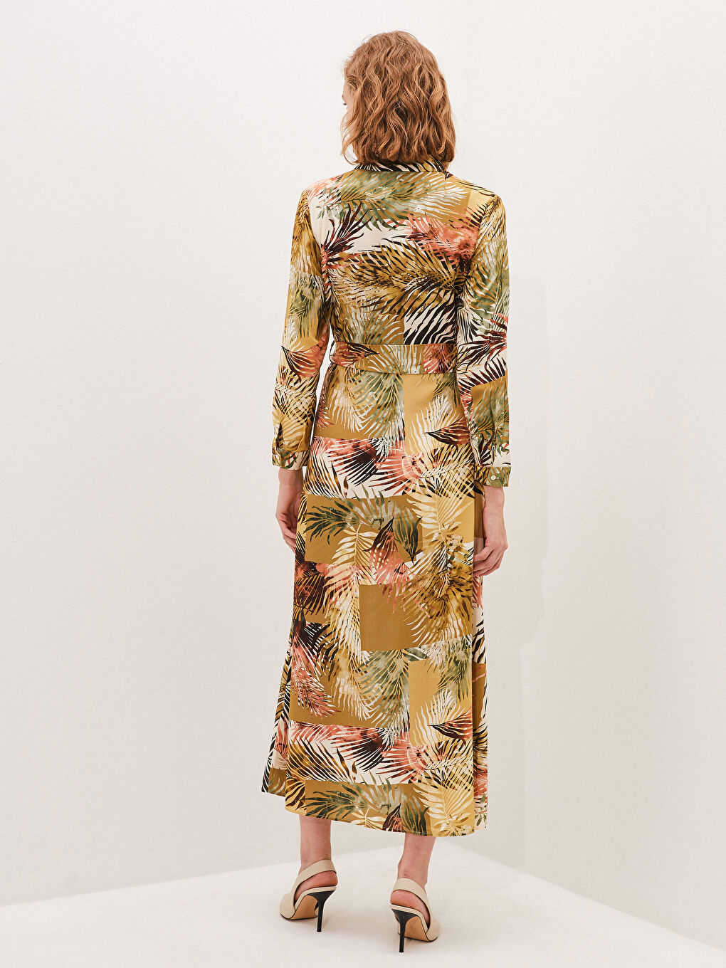 فستان قميص كم طويل بوبلين منقوش للسيدات-3