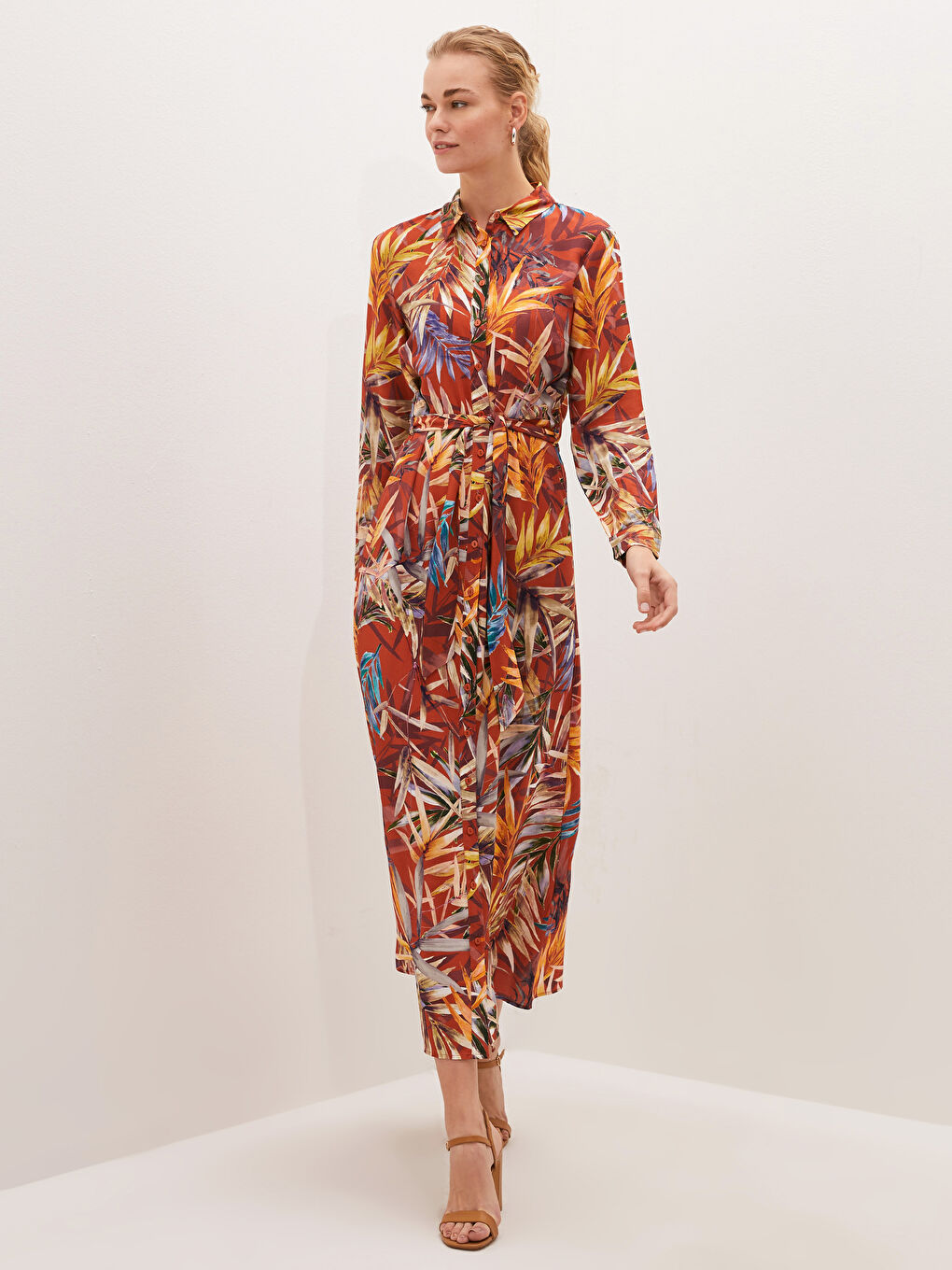 Patterned Long Sleeve Poplin Women's Shirt Dress-1