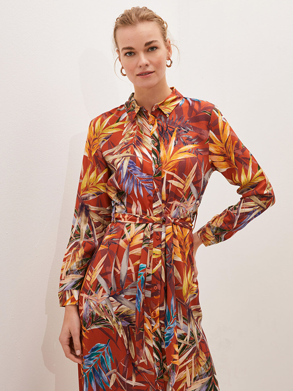 Patterned Long Sleeve Poplin Women's Shirt Dress-2