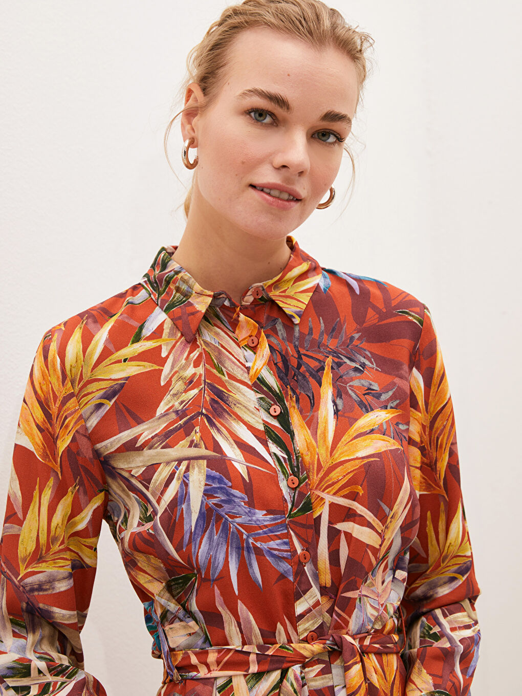 Patterned Long Sleeve Poplin Women's Shirt Dress-3