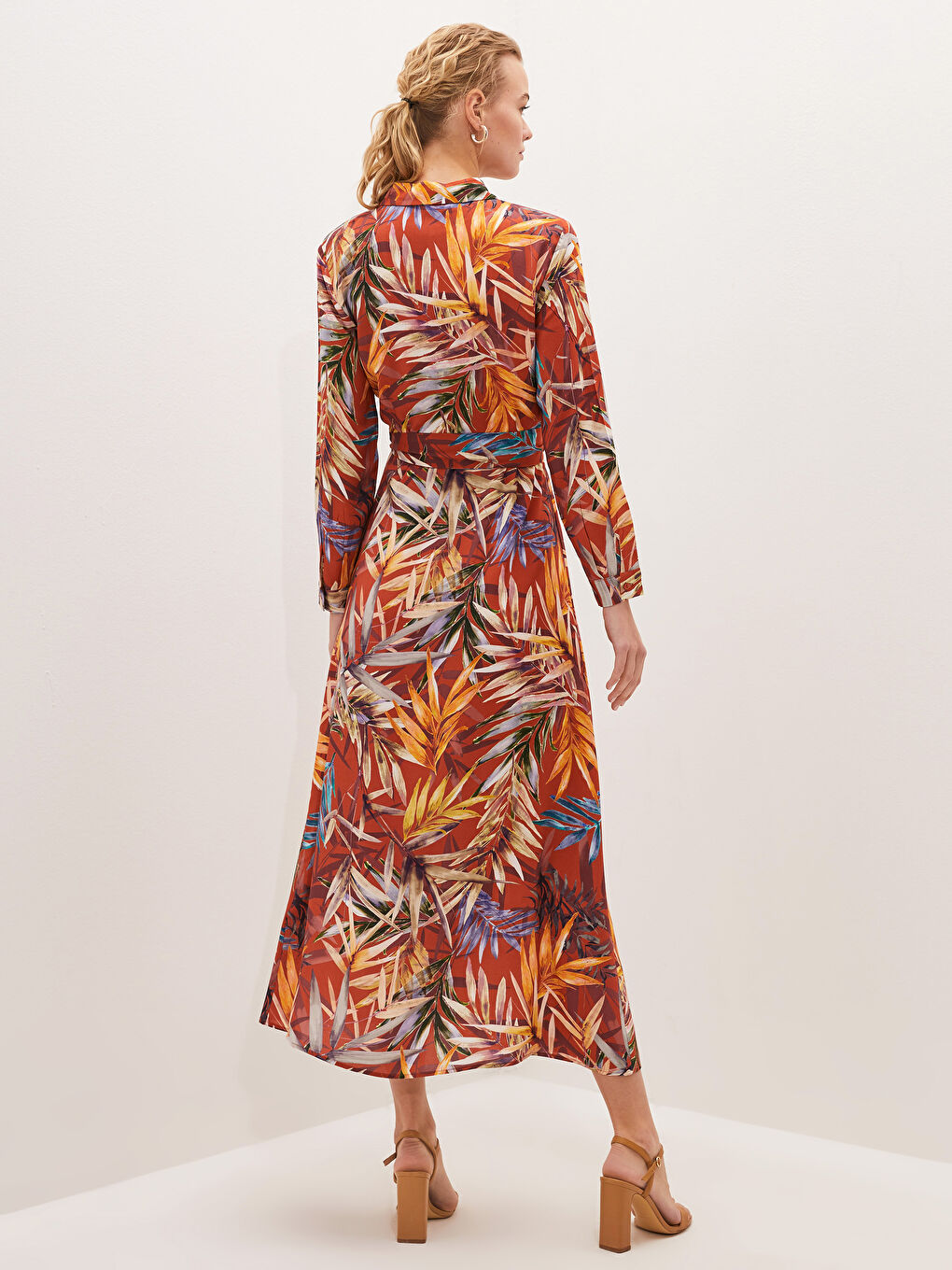 Patterned Long Sleeve Poplin Women's Shirt Dress-4