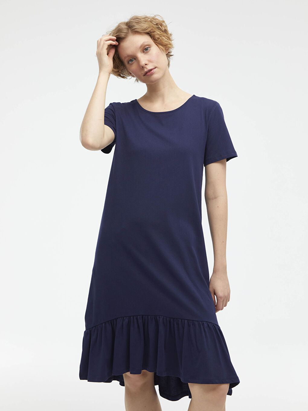 Lacivert Bisiklet Yaka Fırfır Detaylı Kısa Kollu Kadın Elbise-1