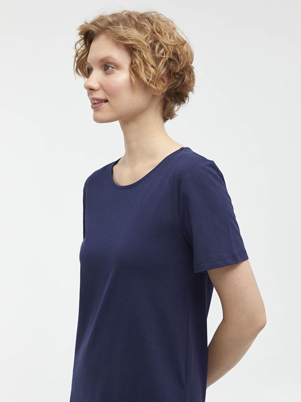 Lacivert Bisiklet Yaka Fırfır Detaylı Kısa Kollu Kadın Elbise-2