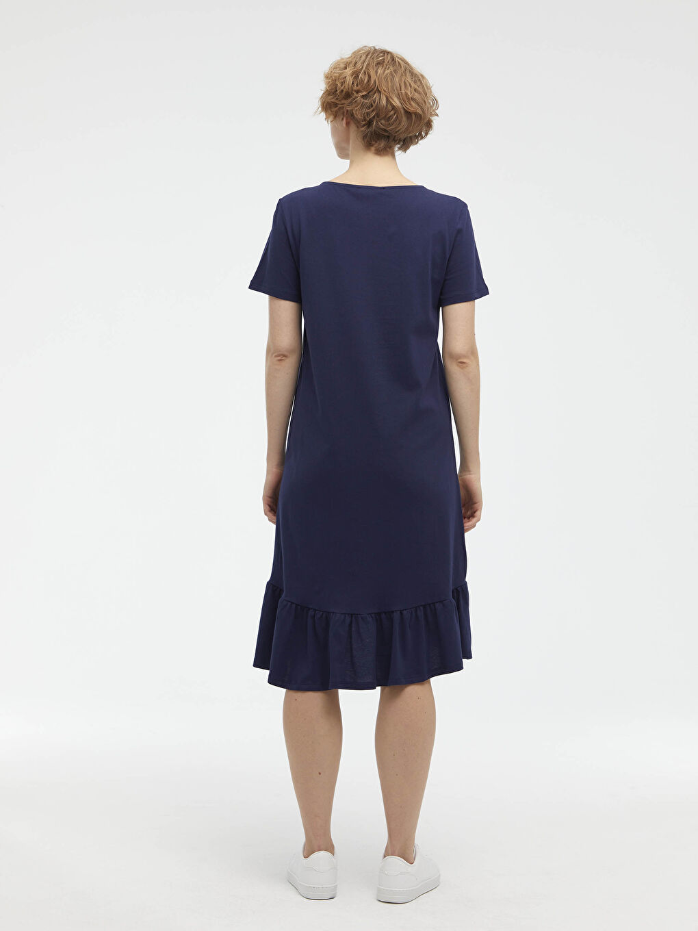 Lacivert Bisiklet Yaka Fırfır Detaylı Kısa Kollu Kadın Elbise-4