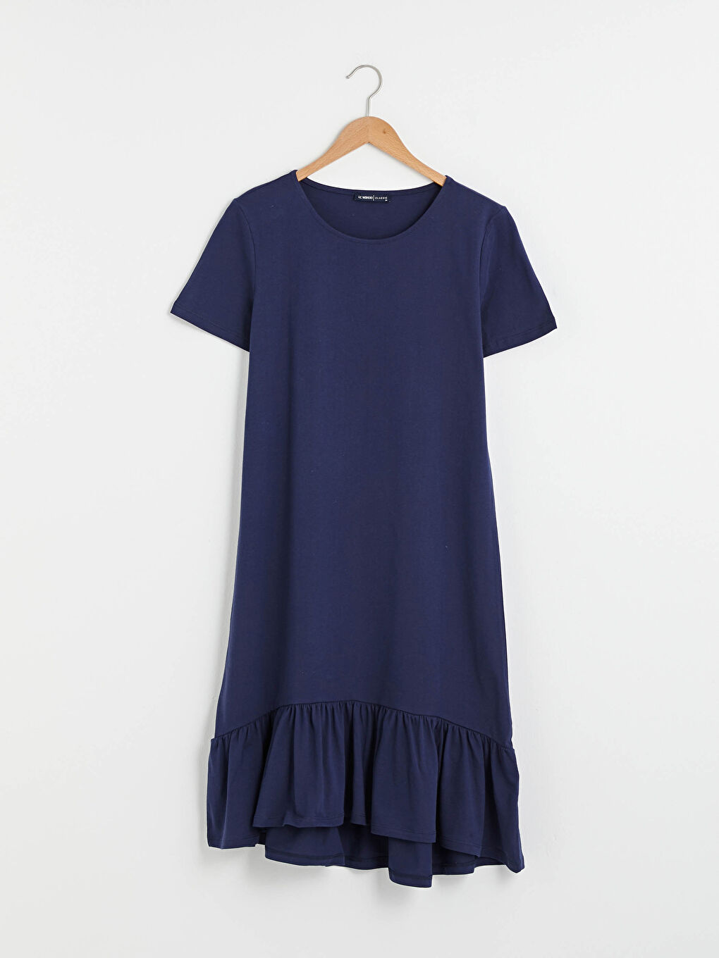 Lacivert Bisiklet Yaka Fırfır Detaylı Kısa Kollu Kadın Elbise-6