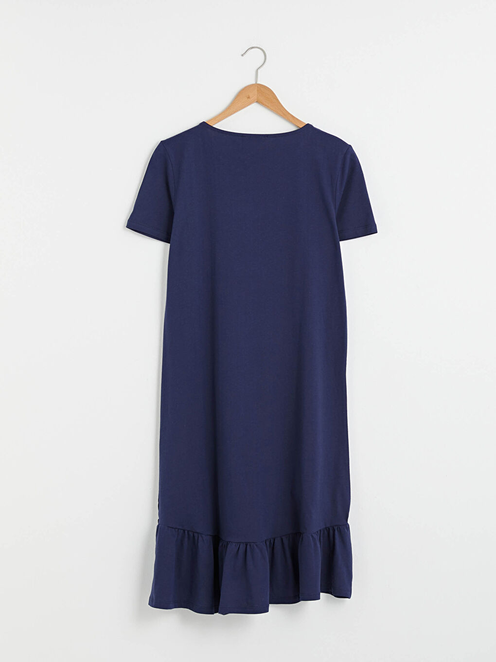 Lacivert Bisiklet Yaka Fırfır Detaylı Kısa Kollu Kadın Elbise-7