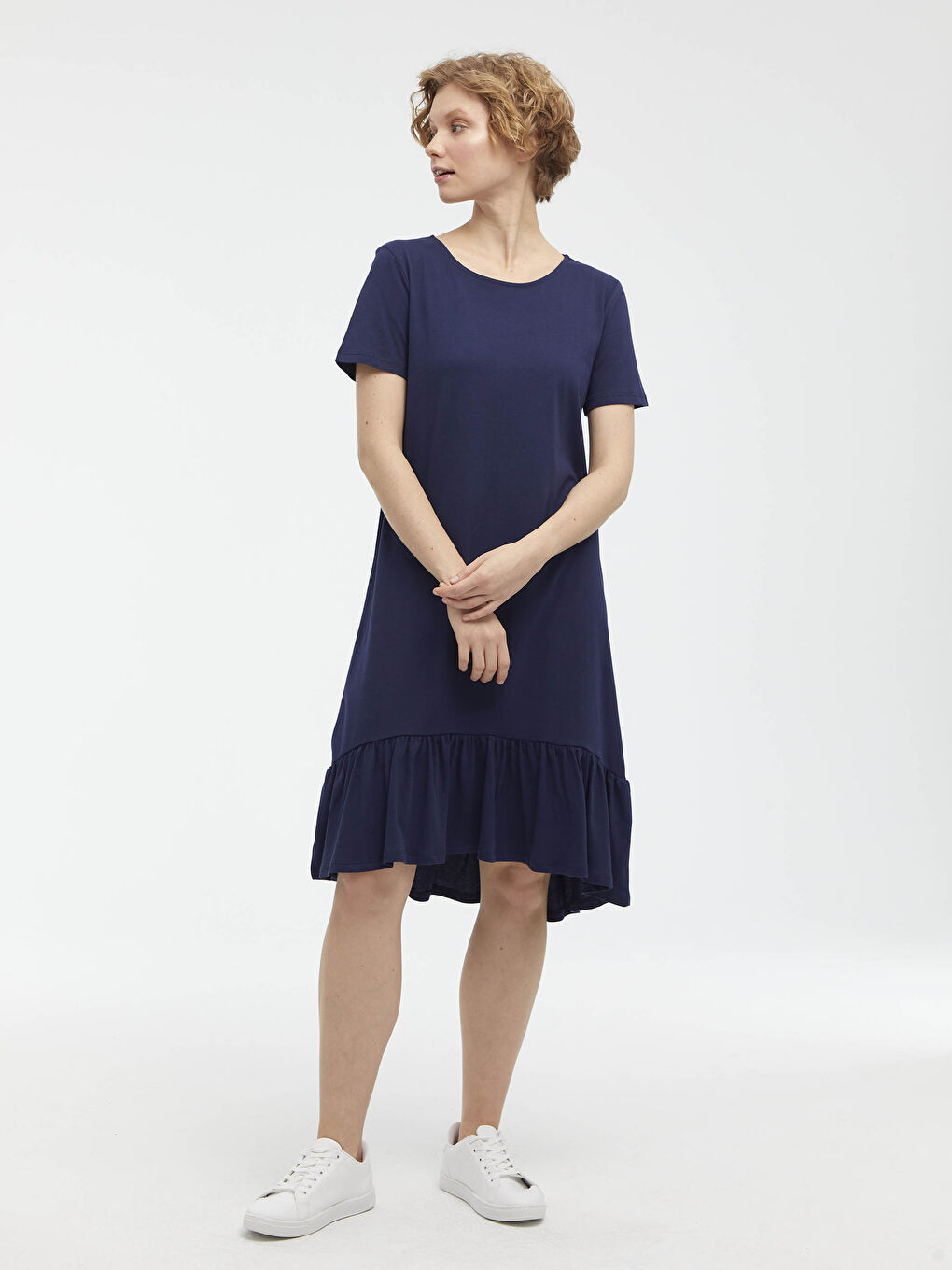 Lacivert Bisiklet Yaka Fırfır Detaylı Kısa Kollu Kadın Elbise-5