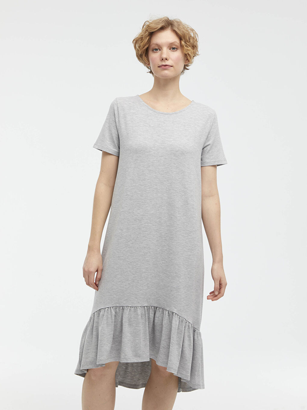 Crew Neck Ruffle Detail Short Sleeve Women's Dress-1