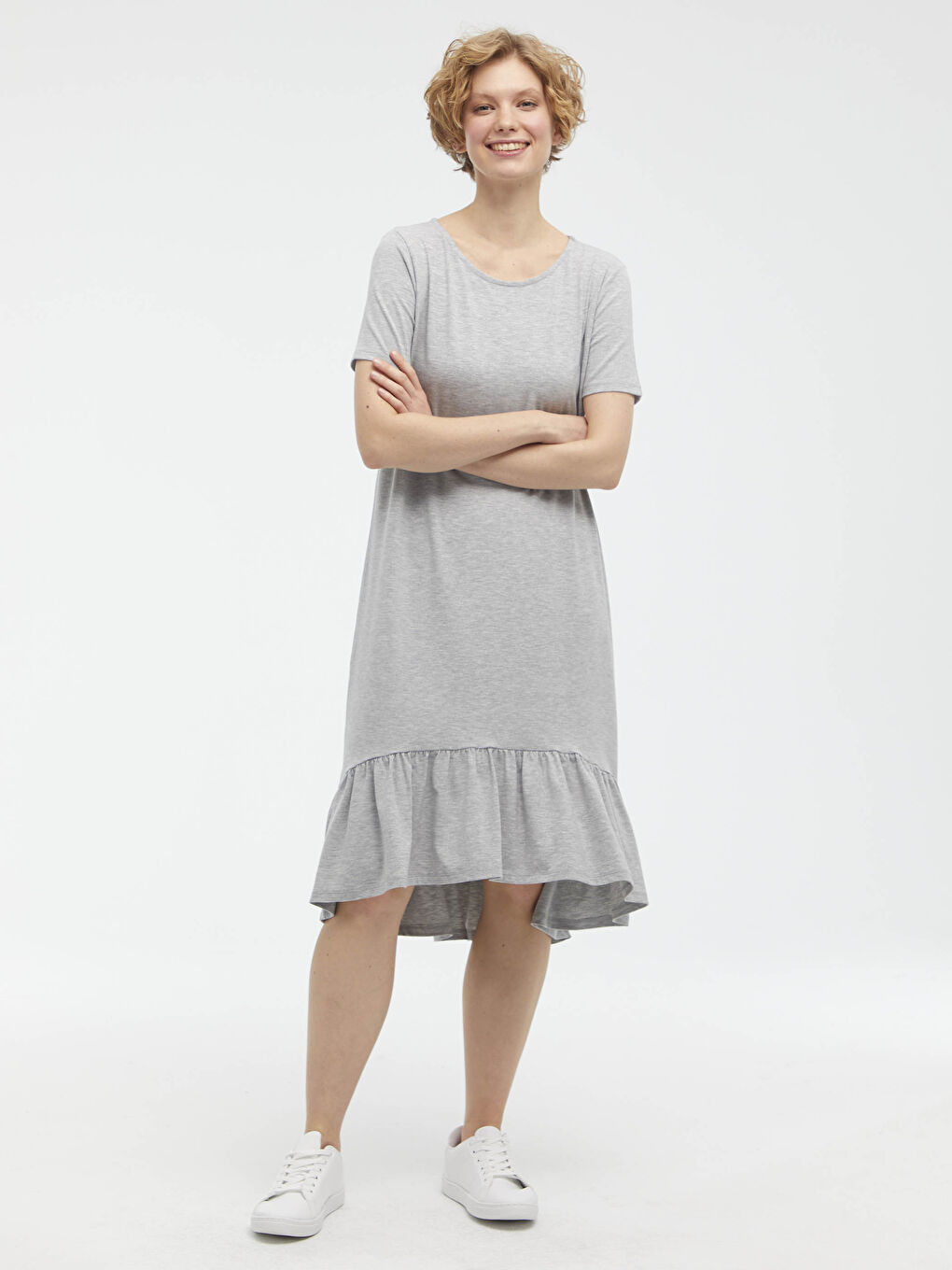 Crew Neck Ruffle Detail Short Sleeve Women's Dress-5