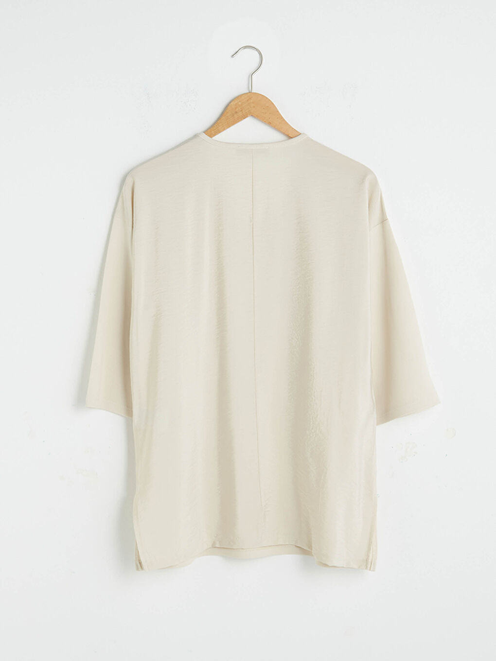 Bej V Yaka Düz Yarım Kollu Kadın Bluz-6