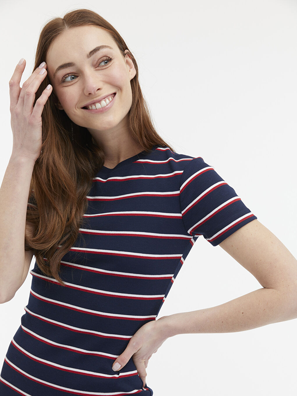 Robe Côtelée à Rayures à Manches Courtes pour Femmes avec Col Rond-2