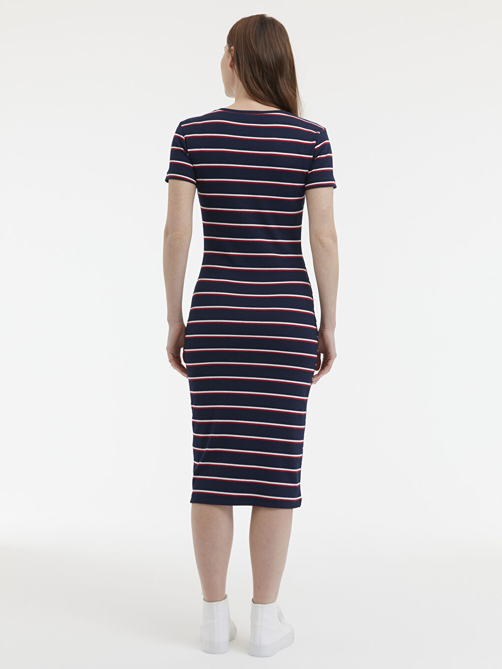 Robe Côtelée à Rayures à Manches Courtes pour Femmes avec Col Rond-3