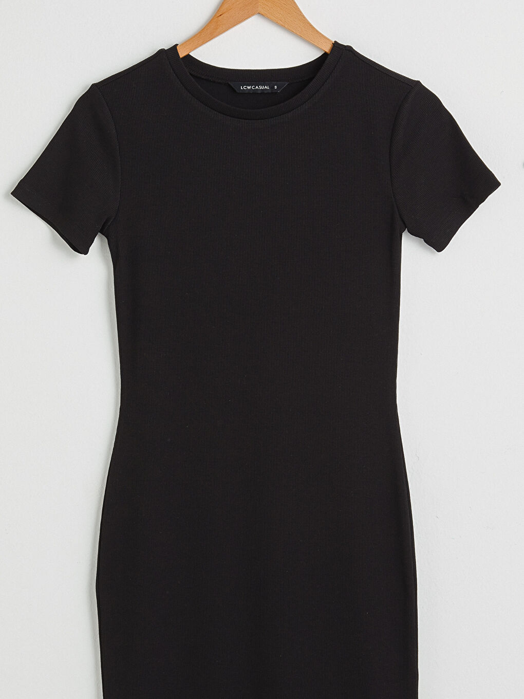 Siyah Bisiklet Yaka Kısa Kollu Kadın Fitilli Elbise-7