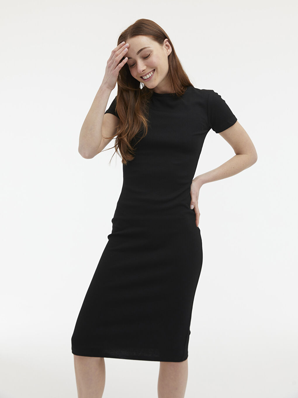 Siyah Bisiklet Yaka Kısa Kollu Kadın Fitilli Elbise-2