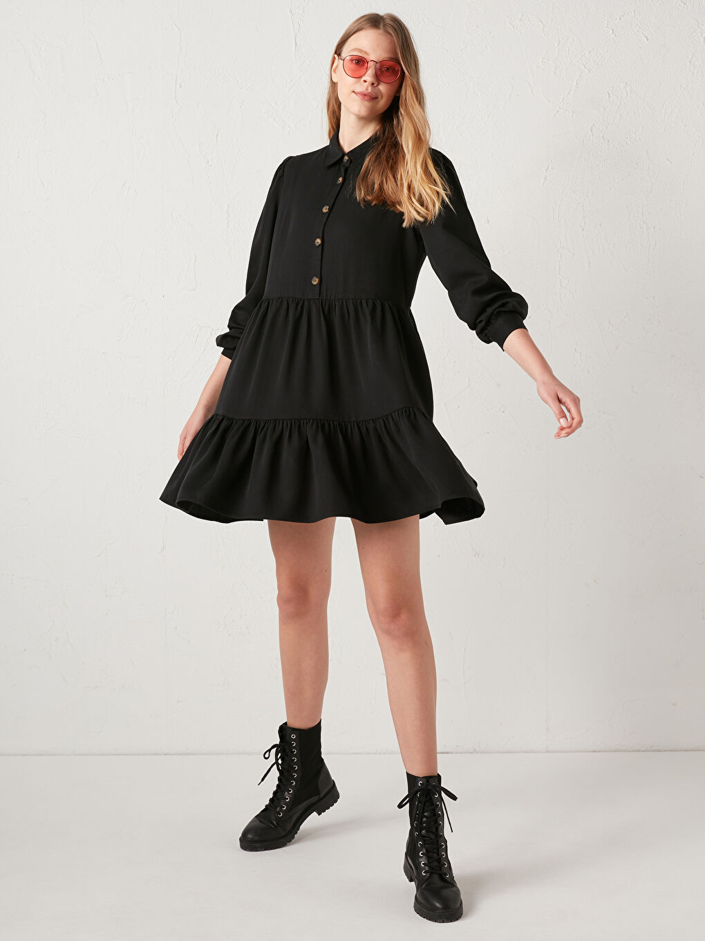 فستان قميص سادة بأزرار للسيدات-2