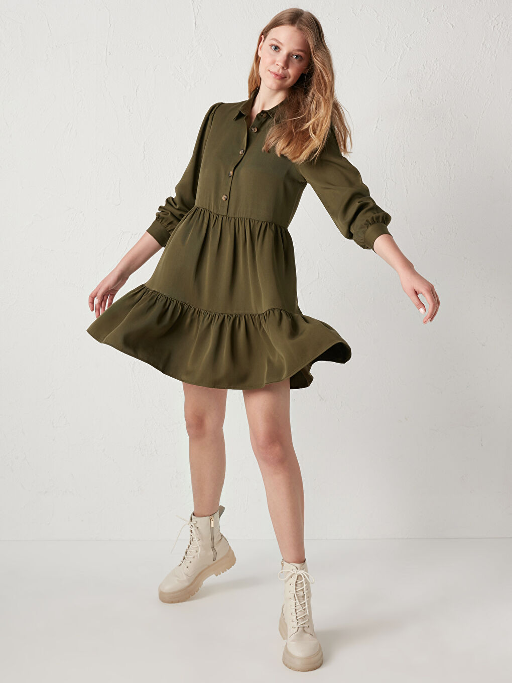 Haki Düz Düğmeli Kadın Gömlek Elbise-1